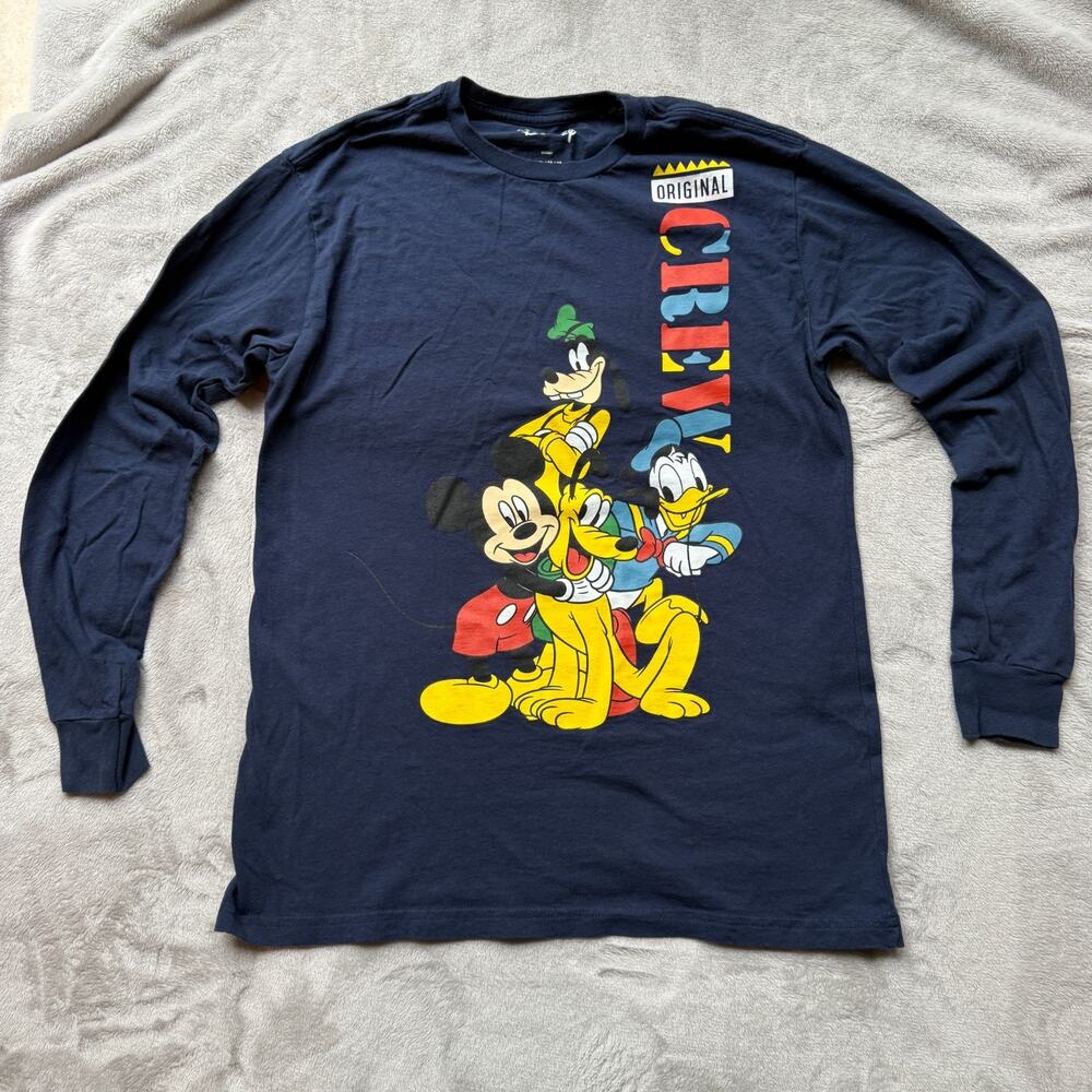 Disney Long Sleeve Shirt Mens Medium Blue Mickey Donald Goofy Pluto The Crew